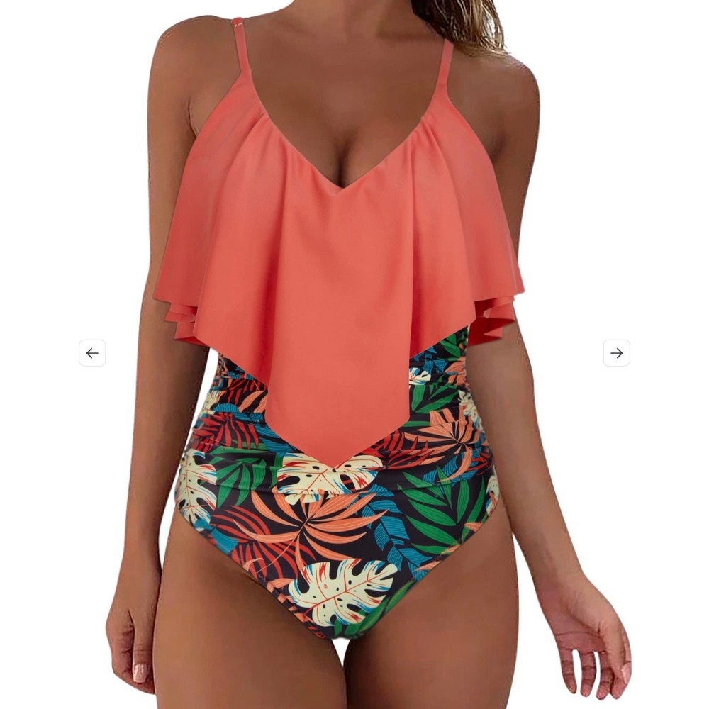 Coral Ruffle Flounce Tropical Floral One Piece Swimsuit Womens Medium